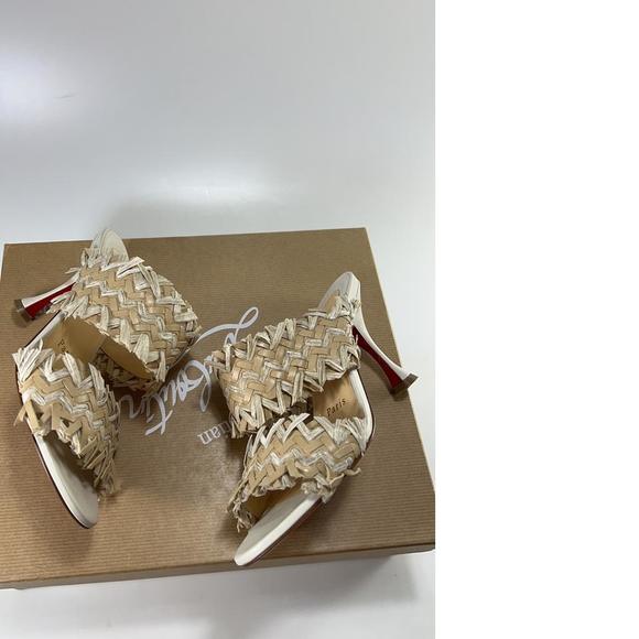 Meroine 85mm raffia Tan Woven fringe heels mules E325 - Picture 9 of 12